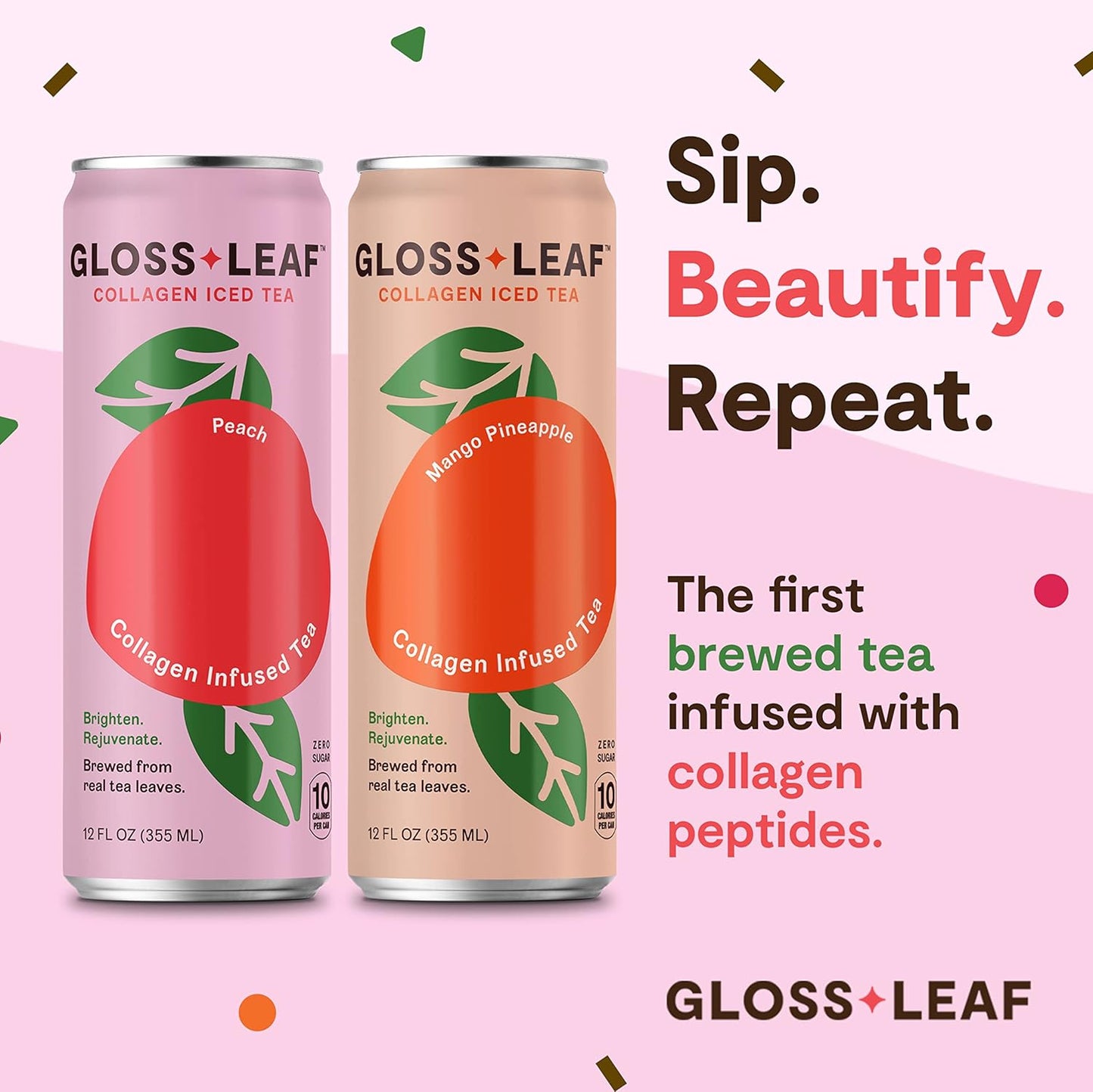 Zint Gloss Leaf Collagen Iced Tea - Zero-Sugar Peach Flavor, Beauty & Anti-Aging, 12 Fl Oz, 12 Pack