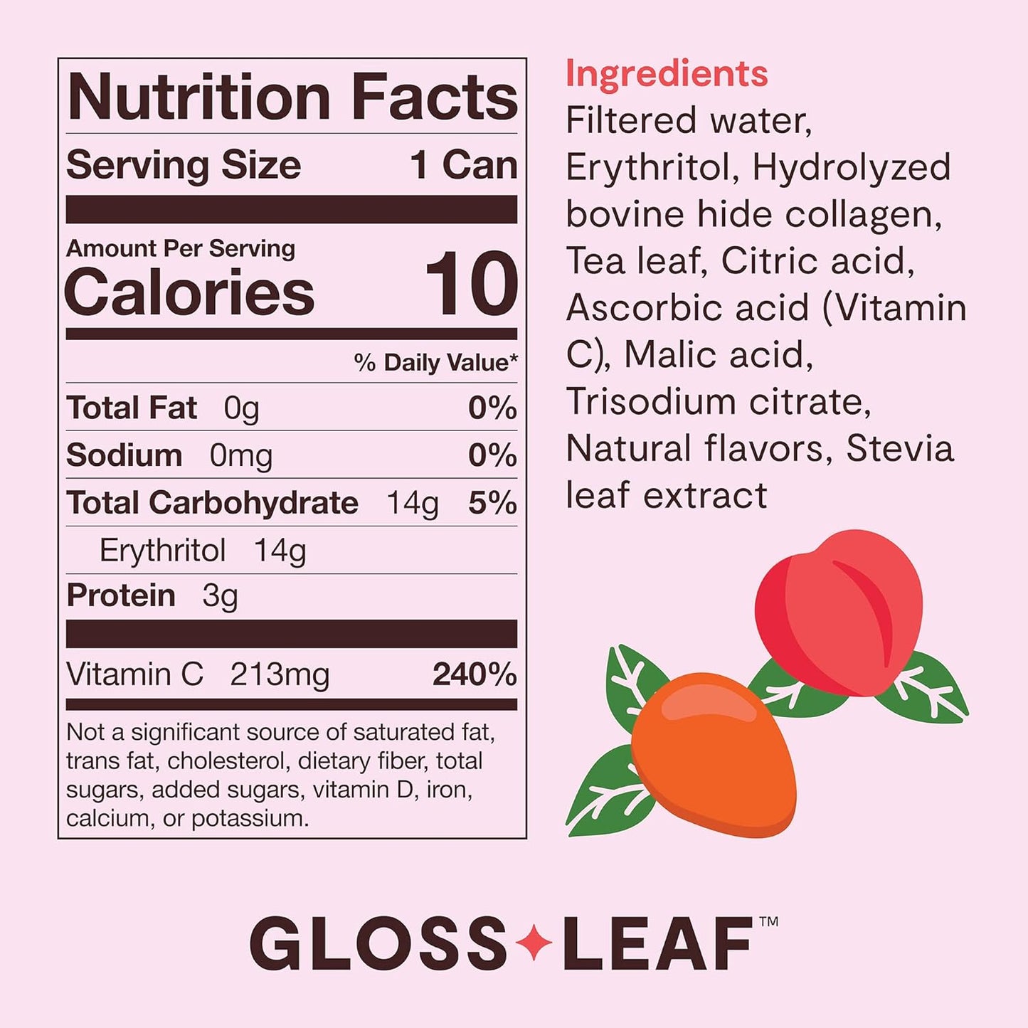 Zint Gloss Leaf Collagen Iced Tea - Zero-Sugar Peach Flavor, Beauty & Anti-Aging, 12 Fl Oz, 12 Pack
