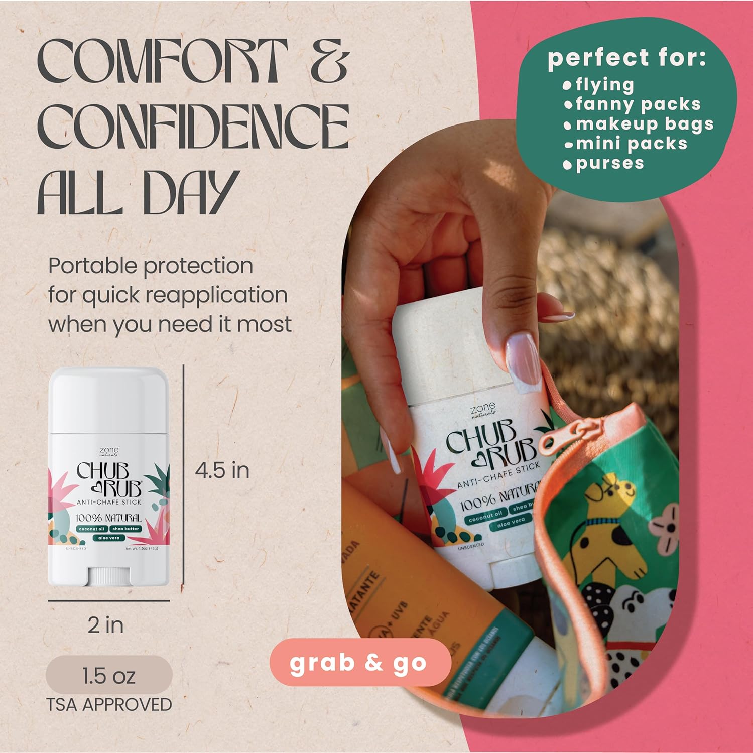 Zone Naturals Chafing Stick - 100% Natural Chub Rub Stick - Anti Chafing Stick for Friction Defense - 1.5 Ounce