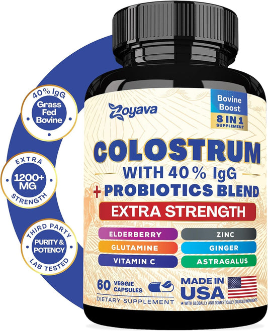Zoyava Bovine Colostrum Supplement Capsules with Probiotics, Elderberry, L-Glutamine, Astragalus, Vitamin C, Ginger, and Zinc (60 Capsules)