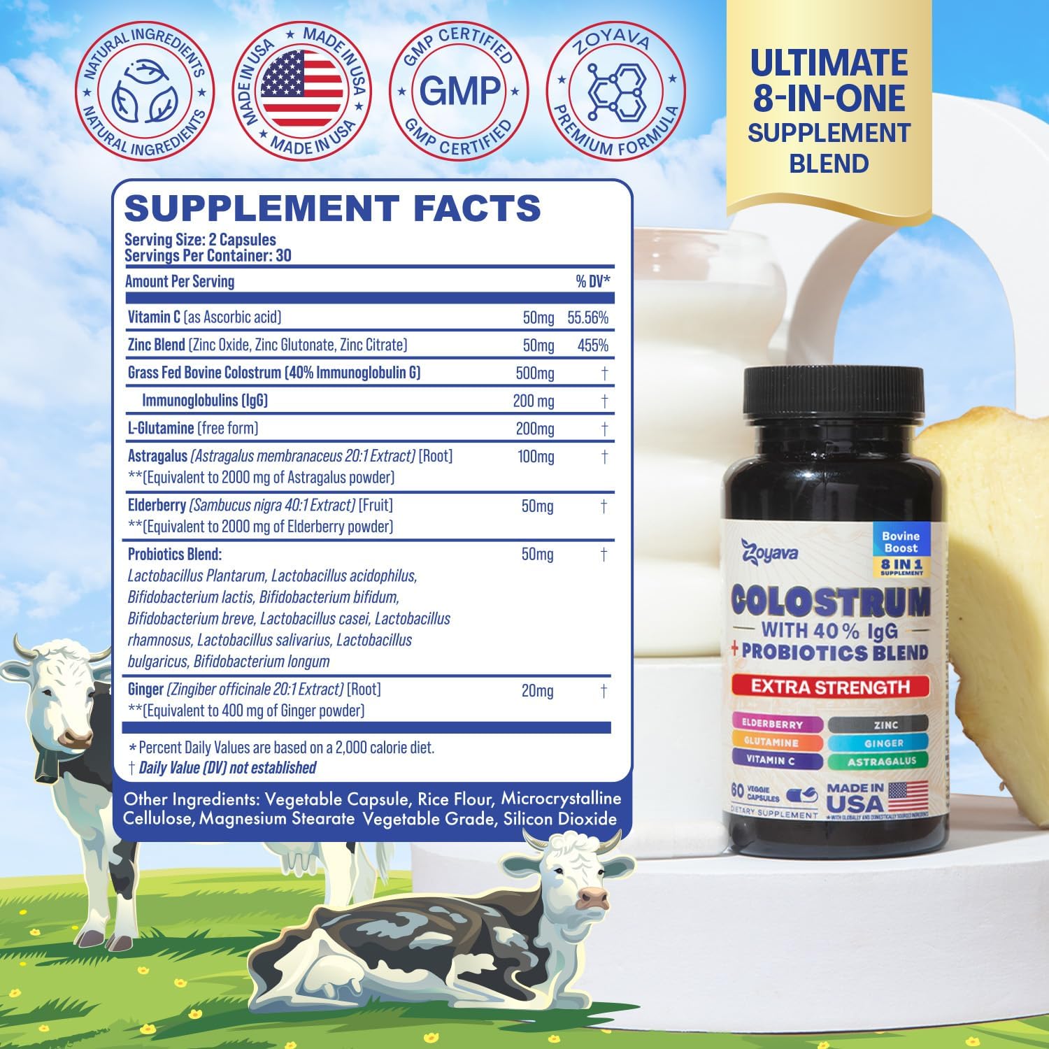 Zoyava Bovine Colostrum Supplement Capsules with Probiotics, Elderberry, L-Glutamine, Astragalus, Vitamin C, Ginger, and Zinc (60 Capsules)