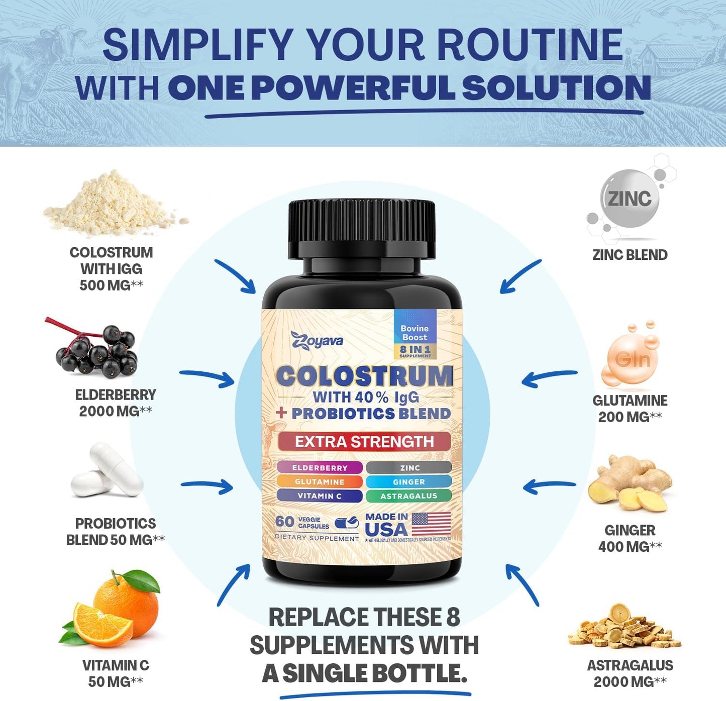 Zoyava Bovine Colostrum Supplement Capsules with Probiotics, Elderberry, L-Glutamine, Astragalus, Vitamin C, Ginger, and Zinc (60 Capsules)