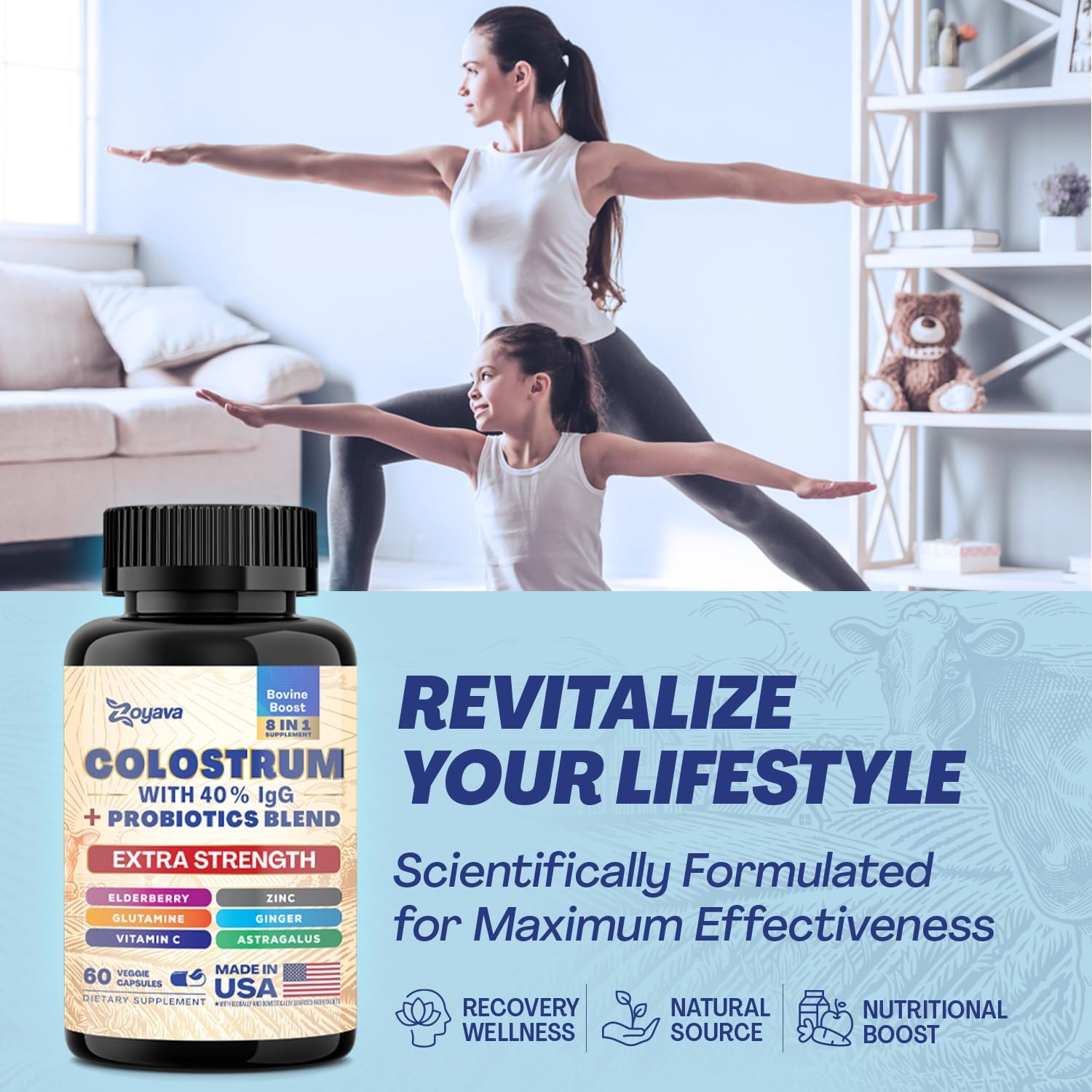 Zoyava Bovine Colostrum Supplement Capsules with Probiotics, Elderberry, L-Glutamine, Astragalus, Vitamin C, Ginger, and Zinc (60 Capsules)