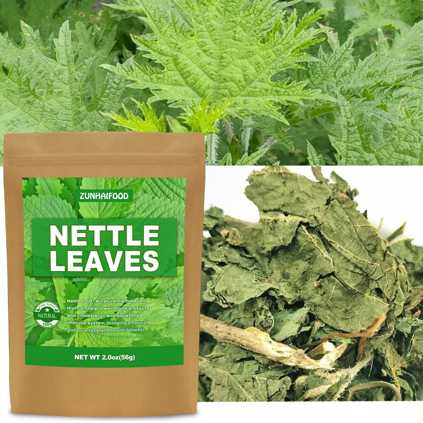 Zunhai Food Premium Whole Nettle Leaves - 2.0 oz Pack of 1 - Natural & GMO-Free - 100% Pure & Additive-Free