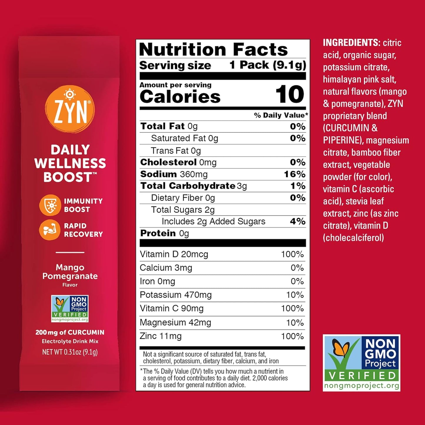 ZYN Electrolyte Drink Mix Variety Pack with Turmeric, Vitamin C, D, and Zinc - 16 Hydration Packets for Wellness