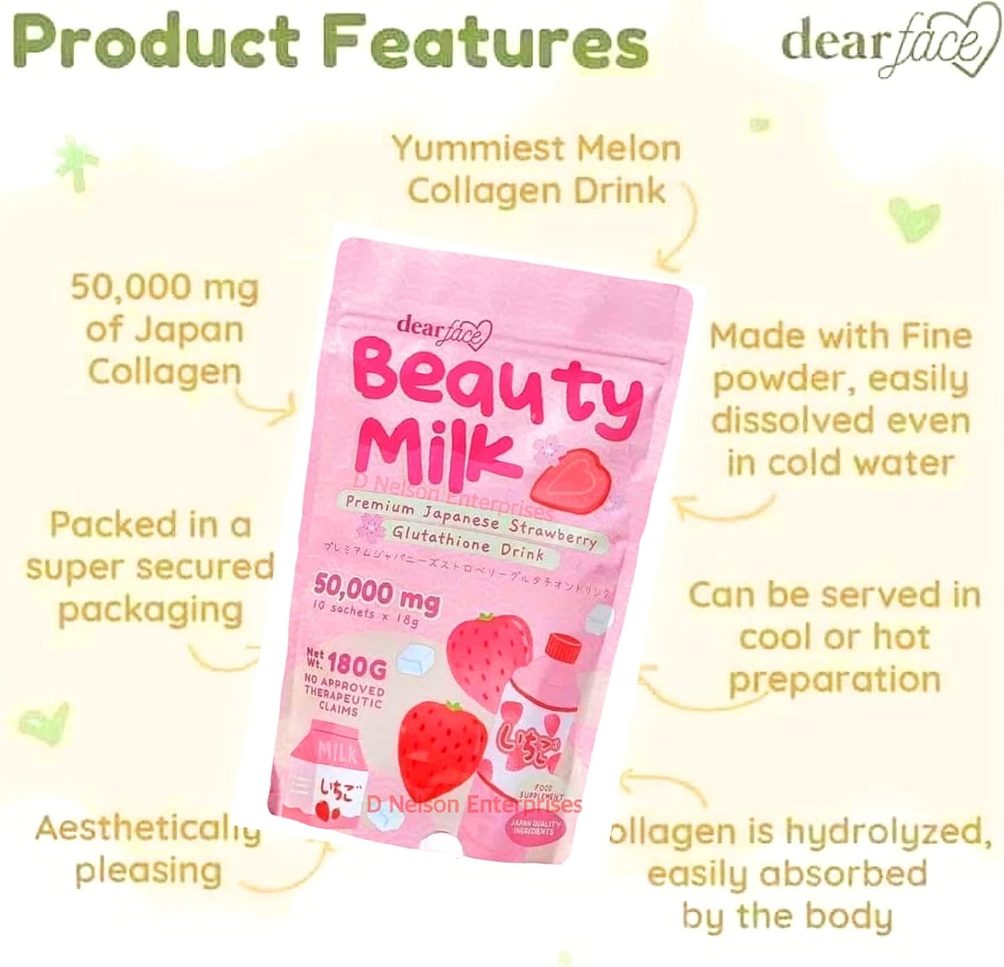 Zynxel Dear Face Strawberry Beauty Milk Japanese Collagen Drink - 50,000mg Hydrolyzed Collagen, 6.3oz (1 Pack)