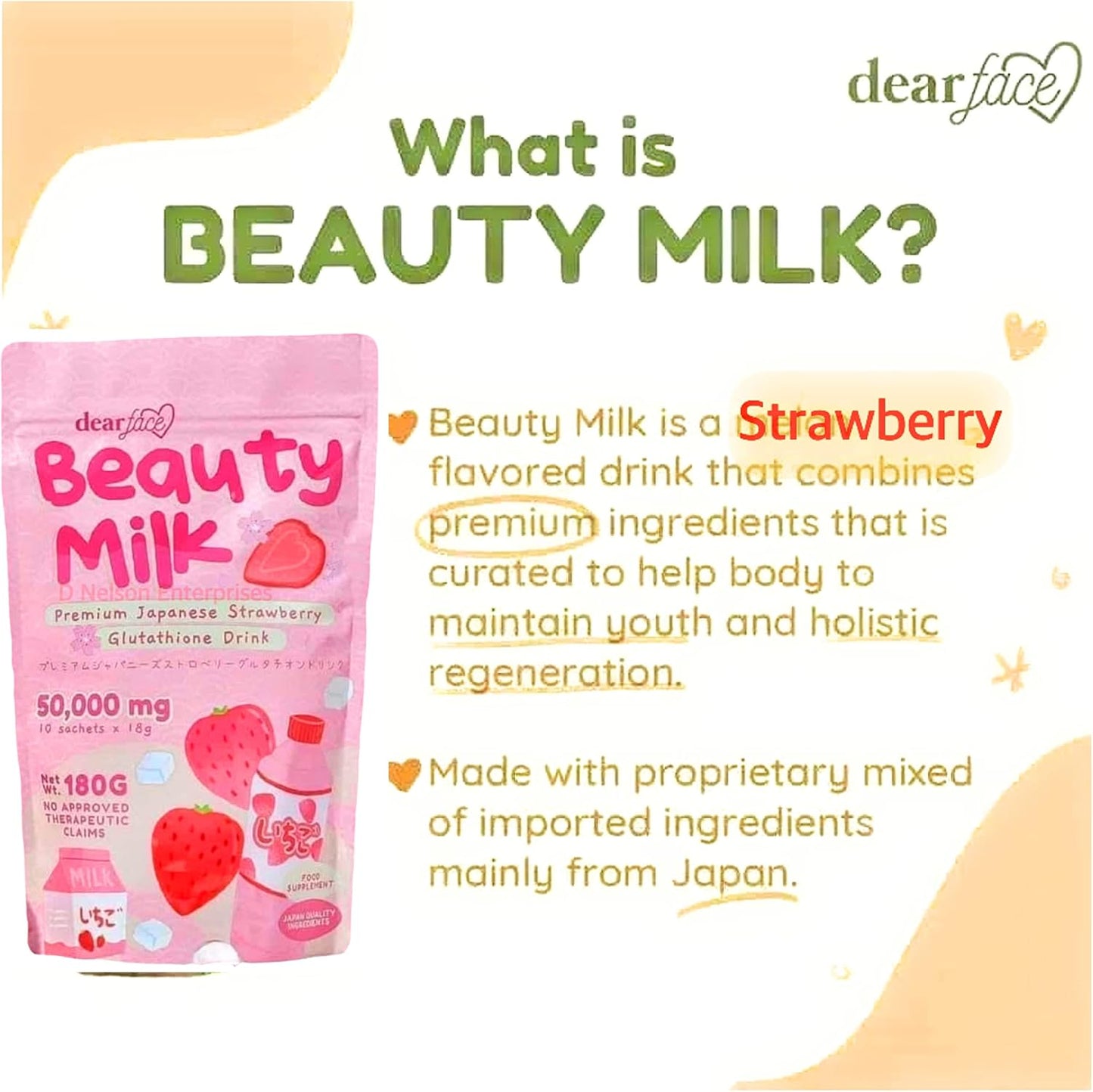 Zynxel Dear Face Strawberry Beauty Milk Japanese Collagen Drink - 50,000mg Hydrolyzed Collagen, 6.3oz (1 Pack)