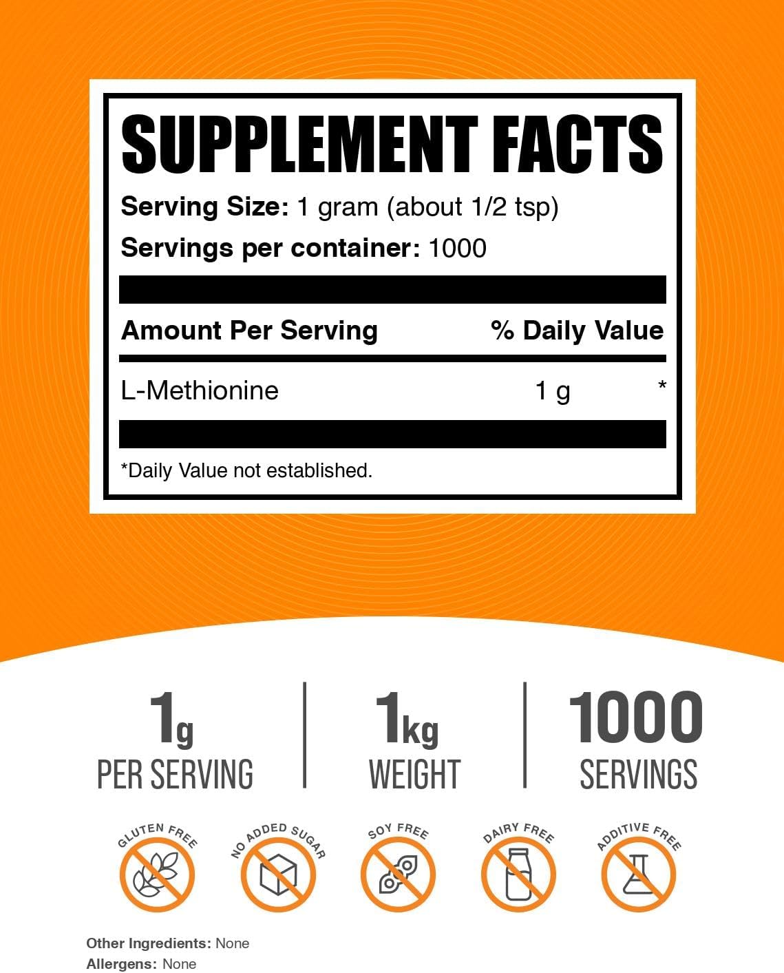 1 Kilogram L-Methionine Powder - Amino Acid & Antioxidant Supplement - Choline - 1000mg Powder (2.2lbs)