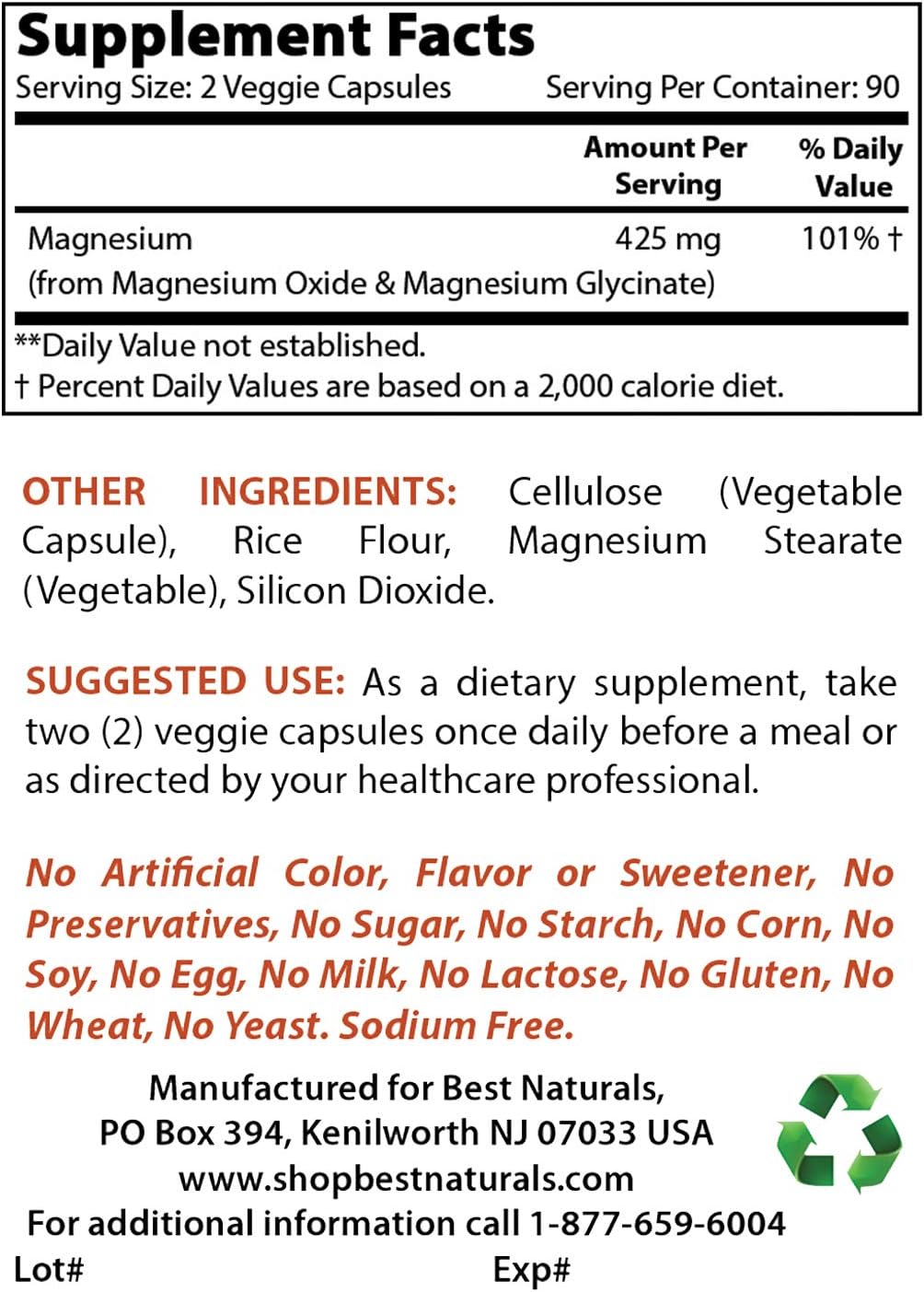 1 LB Best Naturals L-Glutamine Pure Powder with 425 mg Magnesium Glycinate - High Quality Supplements