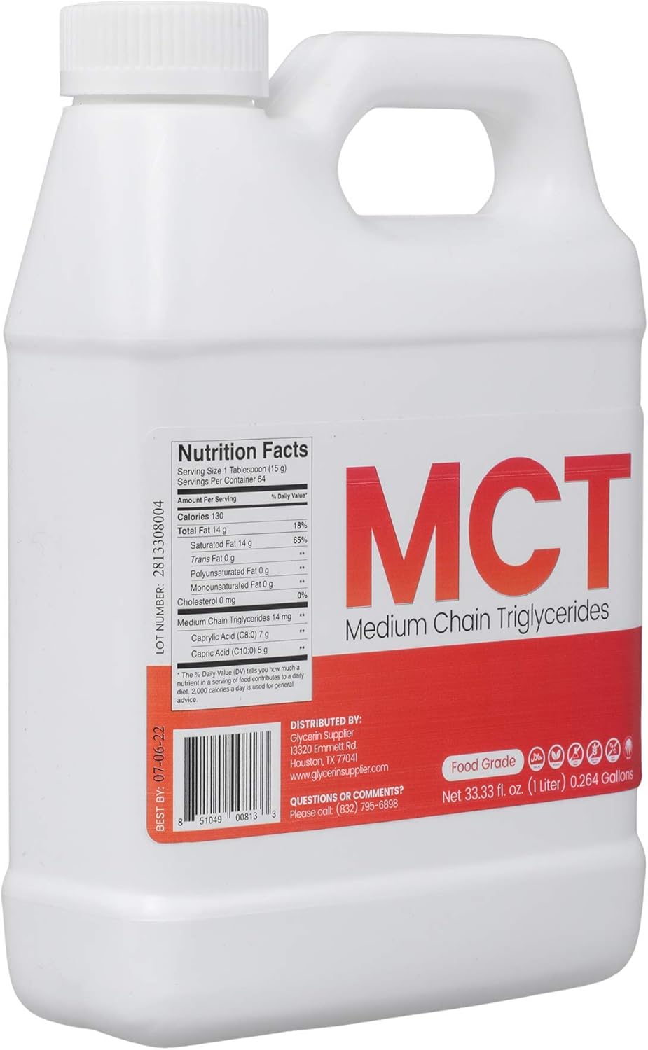 1 Liter Glycerin MCT Oil for Tinctures, Sports Nutrition, Keto & Paleo Diet - Non GMO, Halal, Vegan - Sustainable Palm Derived - Food Grade 33.33 Oz.