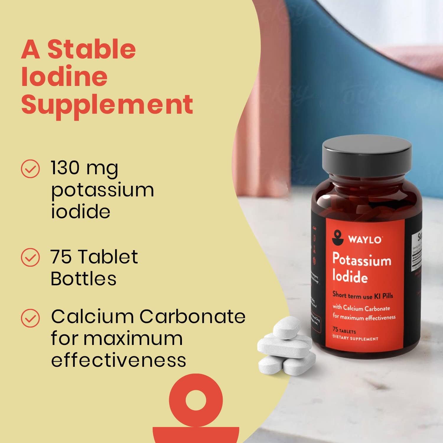 1 Pack of Waylo Potassium Iodide Tablets with Calcium Carbonate - 75 Tablets, 130 mg per Serving
