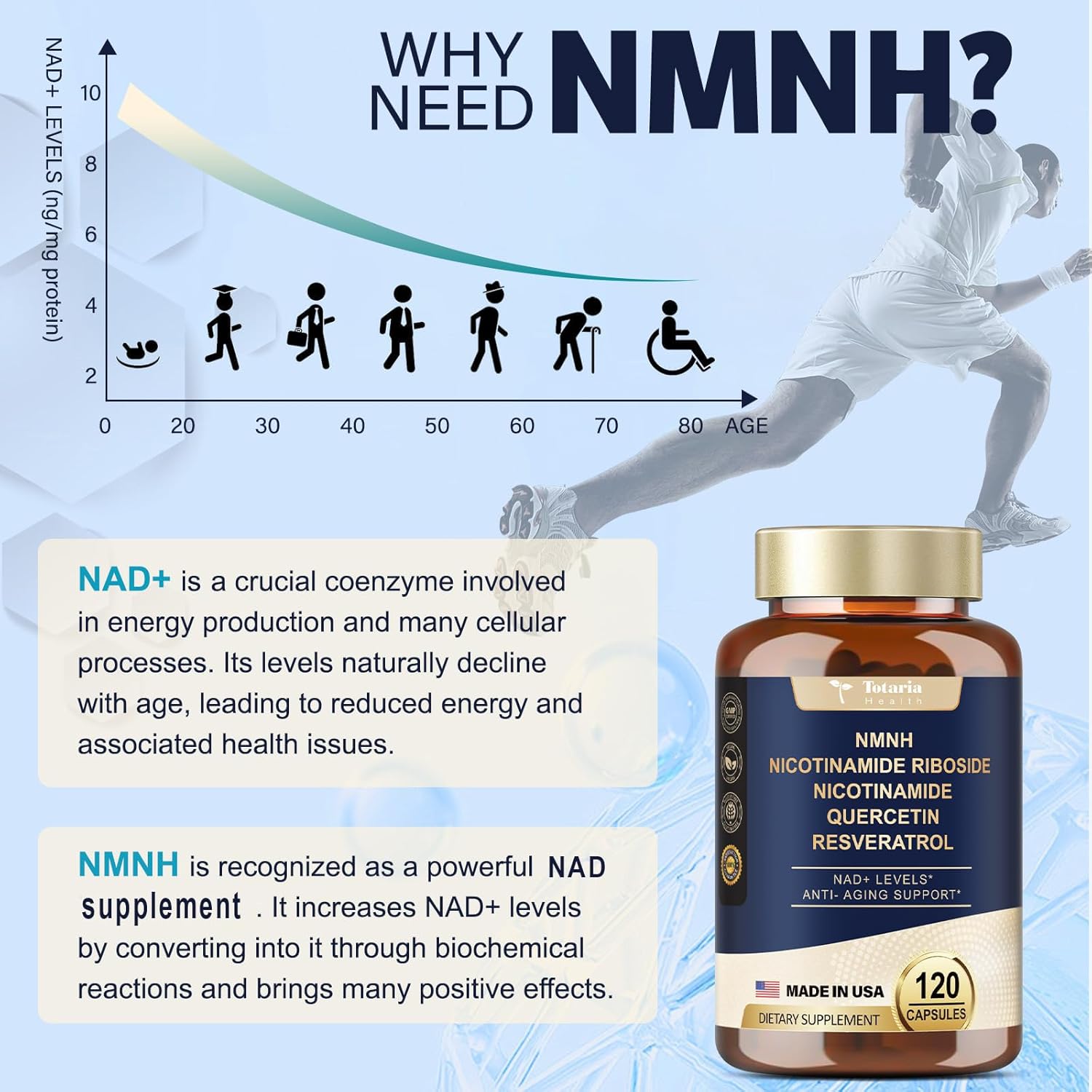 1 Pack Totaria NMNH (Dihydronicotinamide Mononucleotide) Supplement with Niacinamide (Vitamin B3) and Trans-Resveratrol for Anti Aging, Energy, and Focus