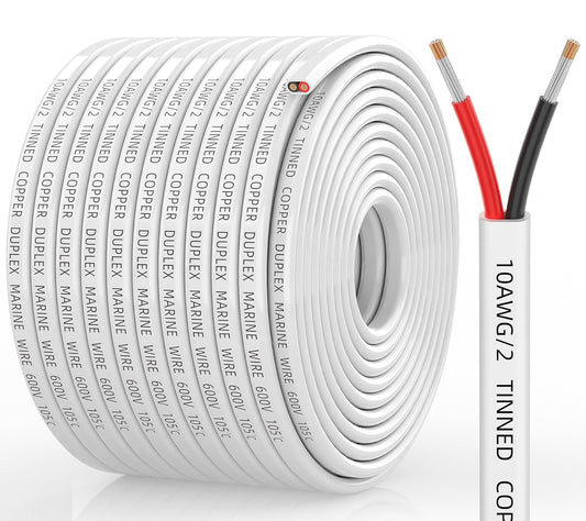 10 AWG Marine Grade Wire, IP68 Waterproof 10/2 Duplex Wire, Oxygen-Free Tinned Copper Stranded Cord for Boat/Automotive/RV/Solar/LED - 100FT