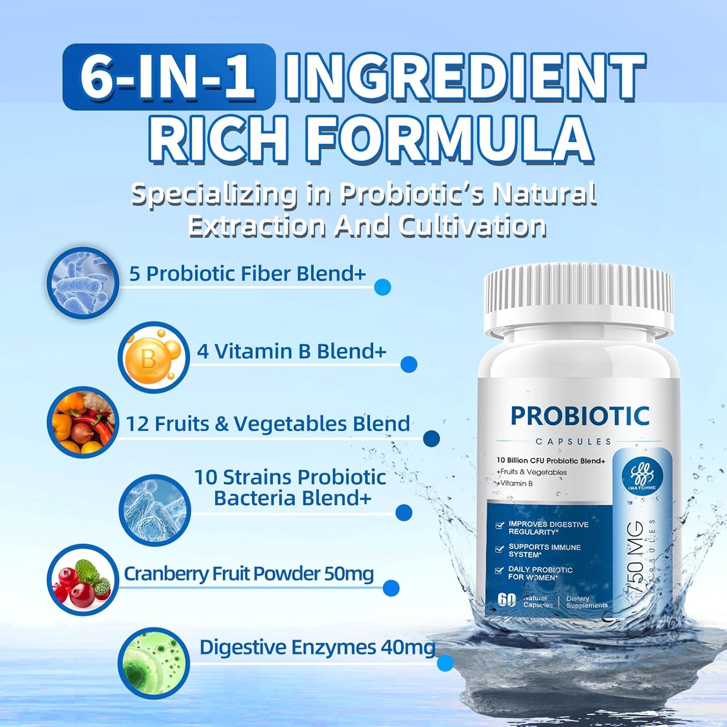 10 Billion Probiotics CFU Supplement with Prebiotic, Vitamin B, Vegetables, Digestive Enzymes - 60 Capsules for Digestive, Bloating, Vaginal, Immune Health