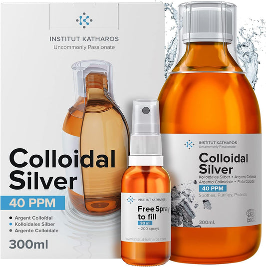 10 fl oz Institut Katharos Colloidal Silver Liquid & Spray Set - Bioactive Hydrosol Silver Water for Immune Support - 40 PPM Ionic Minerals - Organic Plata Coloidal