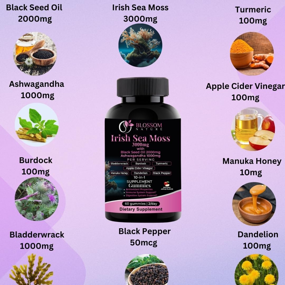 10-in-1 Irish Sea Moss Gummies 3000mg with Black Seed Oil and Ashwagandha - Immune and Digestive Support - Made in USA