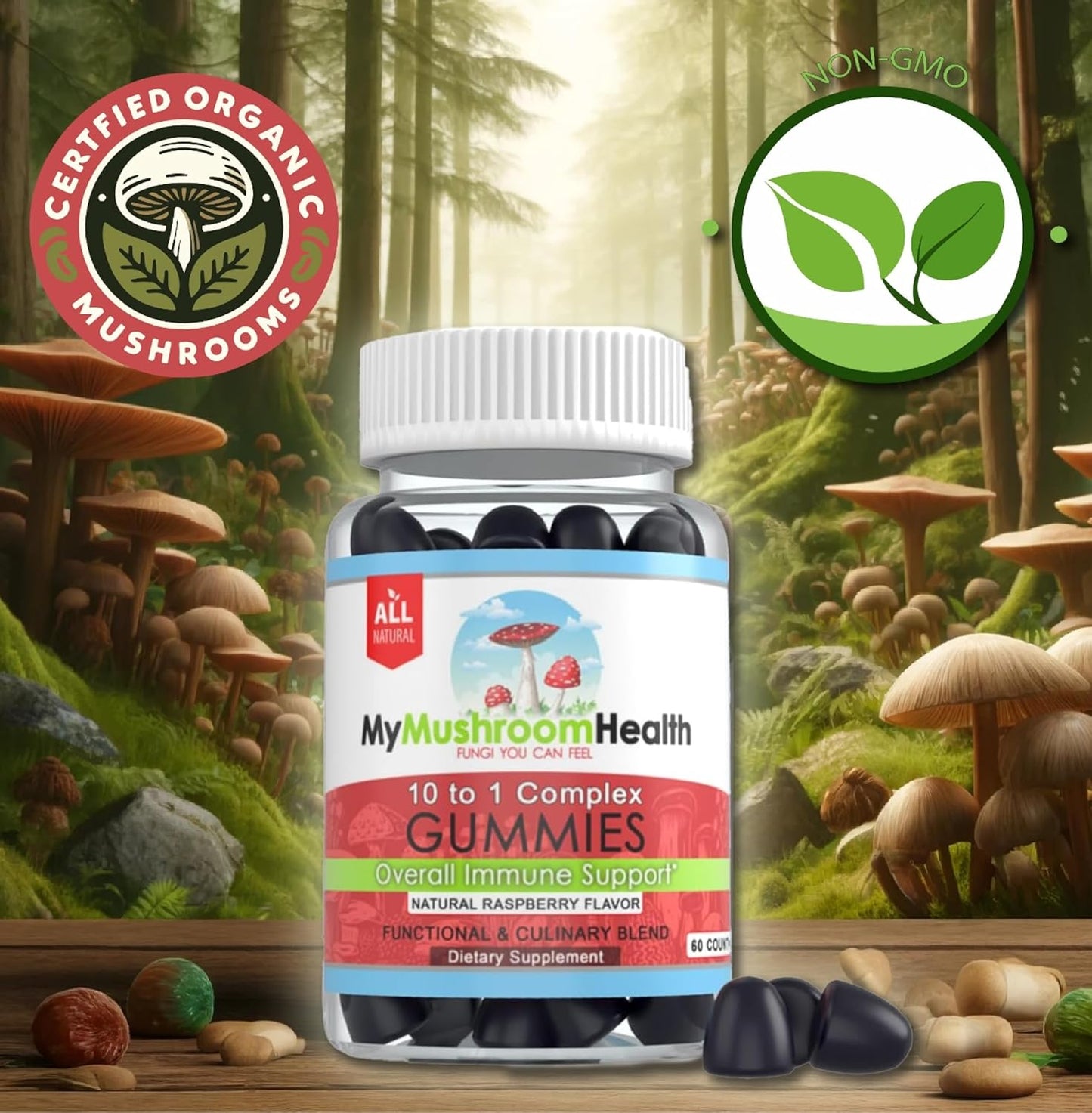 10-in-1 Mushroom Health Daily Supplement Gummies - Immune Support, Stress Relief, Energy, Focus, Mood - Berry Flavor - 60 Gummies