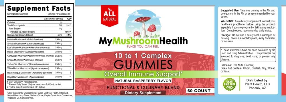 10-in-1 Mushroom Health Daily Supplement Gummies - Immune Support, Stress Relief, Energy, Focus, Mood - Berry Flavor - 60 Gummies
