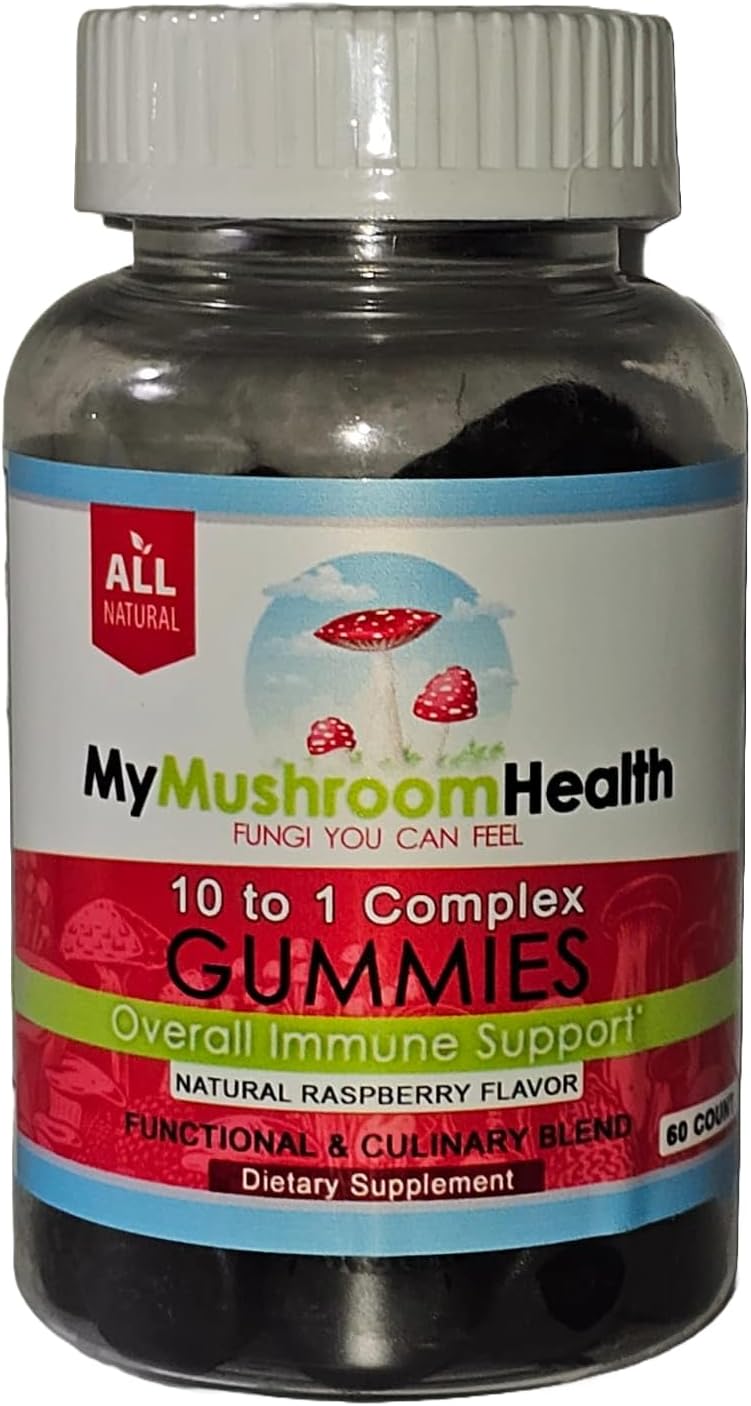 10-in-1 Mushroom Health Daily Supplement Gummies - Immune Support, Stress Relief, Energy, Focus, Mood - Berry Flavor - 60 Gummies