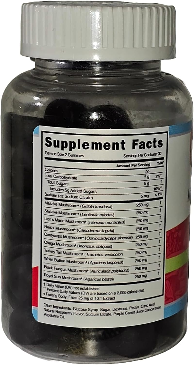 10-in-1 Mushroom Health Daily Supplement Gummies - Immune Support, Stress Relief, Energy, Focus, Mood - Berry Flavor - 60 Gummies