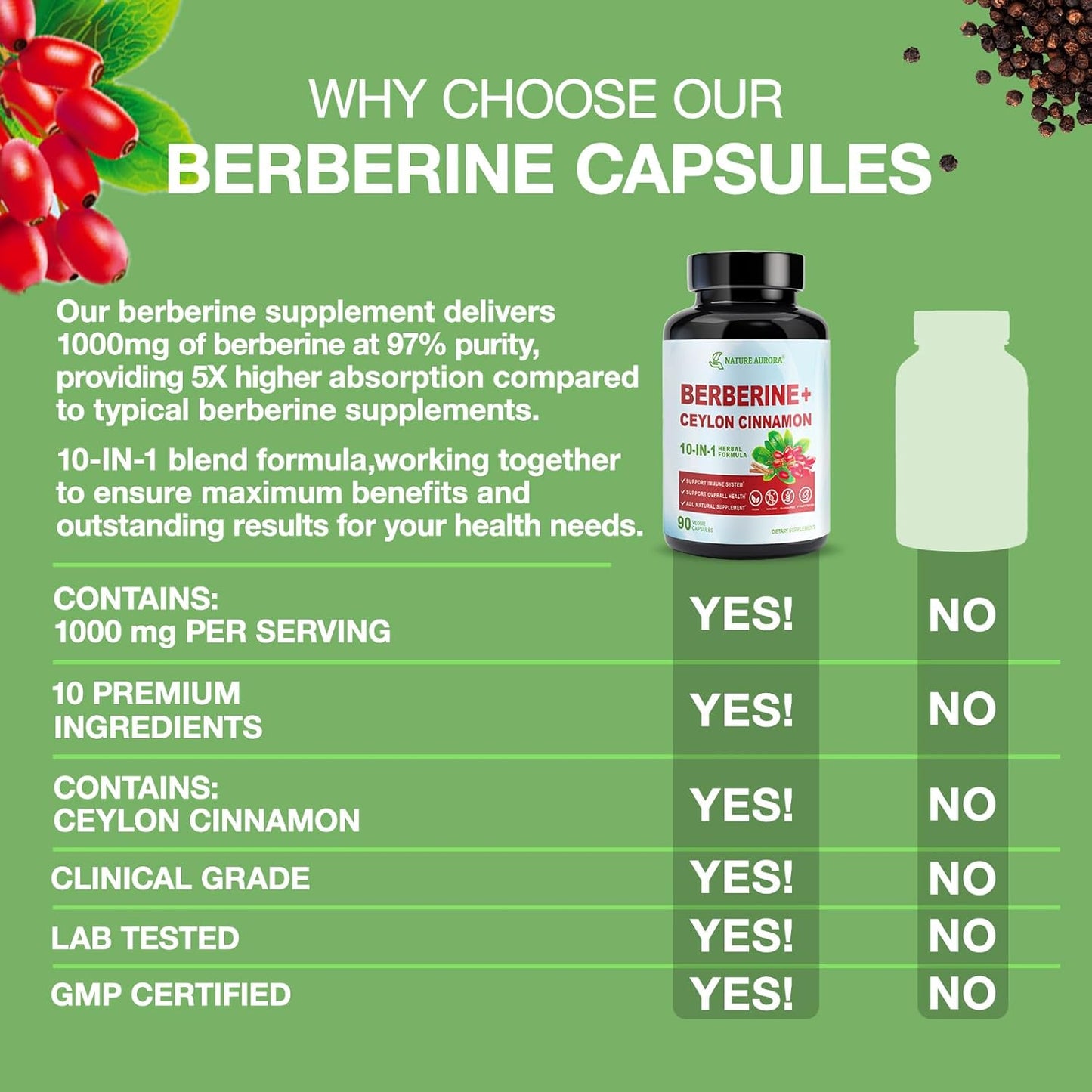 10-in-1 Nature Aurora Berberine Supplement with Ceylon Cinnamon & Chromium Picolinate - 1000mg Per Serving - Supports Metabolism, Heart & Immune System - 90 Capsules