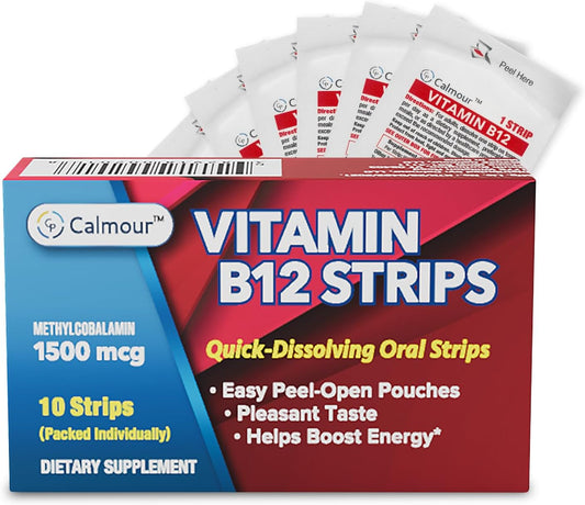 10 Pack CALMOUR Vitamin B12 Oral Dissolvable Mint Strips - 1500mcg Methylcobalamin Formula - Vegan & Gluten Free - Under Tongue Dissolve