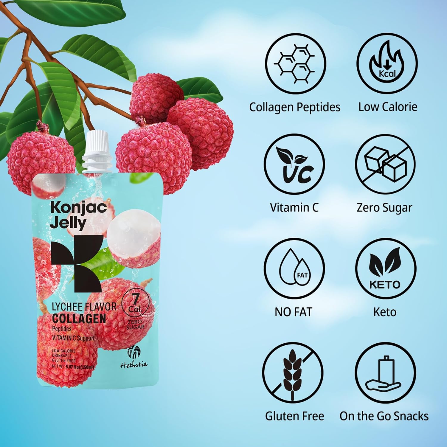 10 Packs Hethstia Konjac Jelly Lychee Flavor & Collagen Peptides + 12 Gluten Free Konjac Spaghetti Packs - Low Calorie, Keto, Sugar Free & Healthy