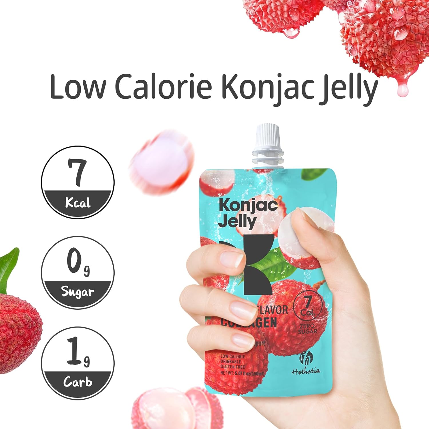 10 Packs Hethstia Konjac Jelly Lychee Flavor & Collagen Peptides + 12 Gluten Free Konjac Spaghetti Packs - Low Calorie, Keto, Sugar Free & Healthy