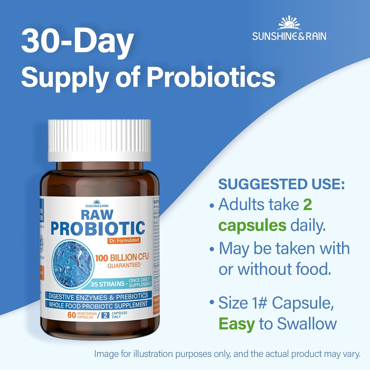 100 Billion CFU Raw Probiotic Supplement for Digestive & Immune Health - 35 Strains, Organic Prebiotics, Natural Enzymes - Men & Women - Non-GMO, Vegan - 180 Capsules