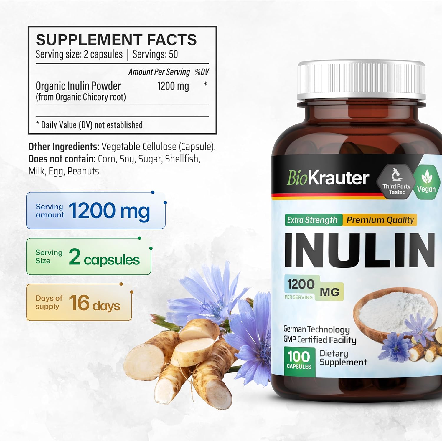 100 Capsules of BIO KRAUTER Inulin with 2 Fl. Oz. Licorice Root Tincture - Digestive Health Supplement