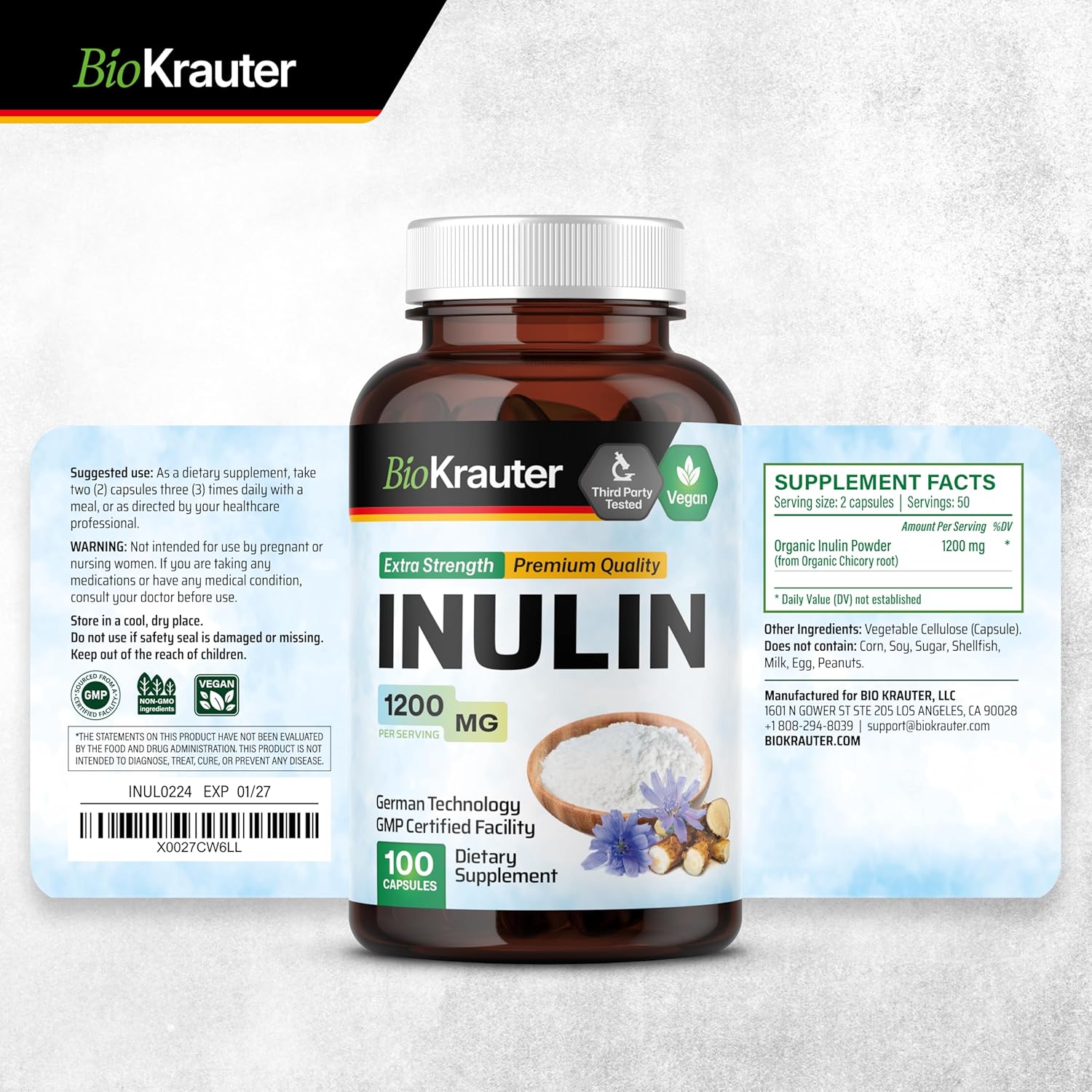 100 Capsules of BIO KRAUTER Inulin with 2 Fl. Oz. Licorice Root Tincture - Digestive Health Supplement
