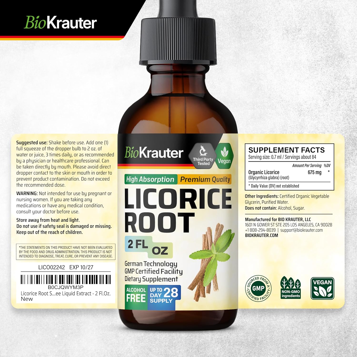 100 Capsules of BIO KRAUTER Inulin with 2 Fl. Oz. Licorice Root Tincture - Digestive Health Supplement