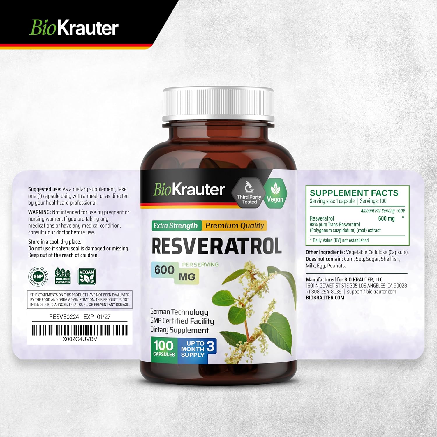 100 Capsules of BIO KRAUTER Resveratrol and Goldenseal Supplement Pack