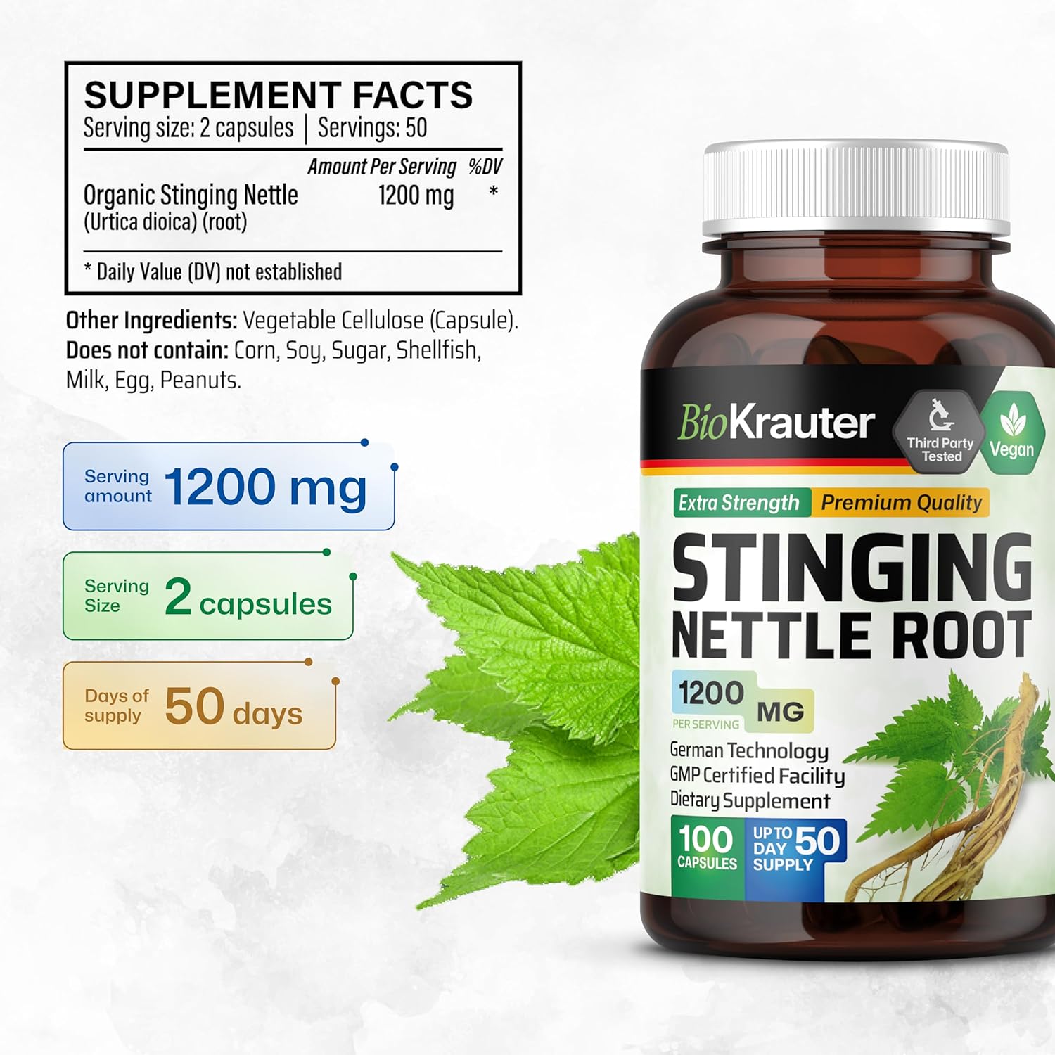 100 Capsules of BIO KRAUTER Stinging Nettle with 2 Fl. Oz of Saw Palmetto Tincture - Natural Supplements for Wellness