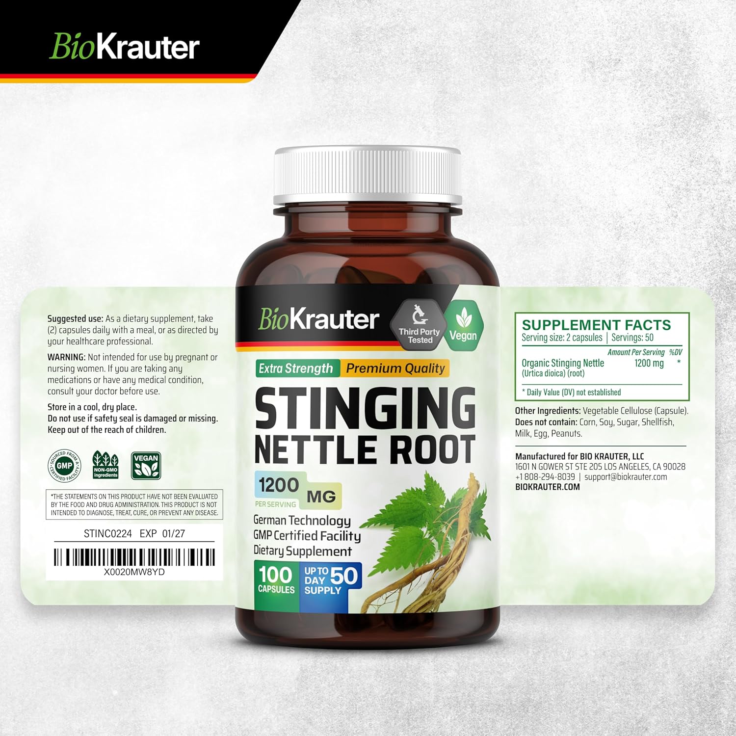 100 Capsules of BIO KRAUTER Stinging Nettle with 2 Fl. Oz of Saw Palmetto Tincture - Natural Supplements for Wellness
