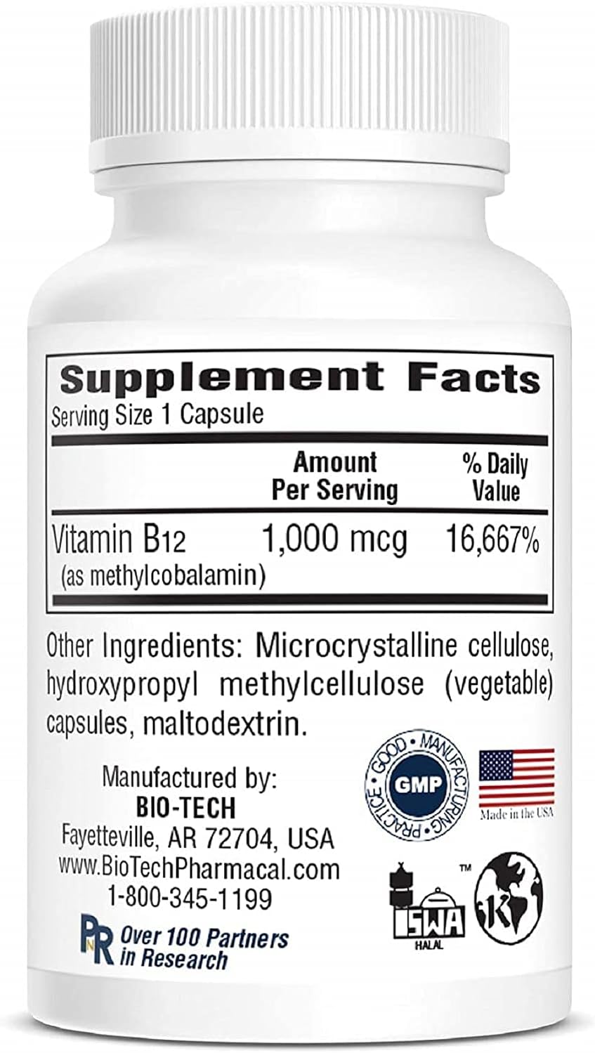 100 Capsules of Bio-Tech Pharmacal Methylcobalamin Vitamin B12 for Red Blood Cell Formation and Cardiovascular Health