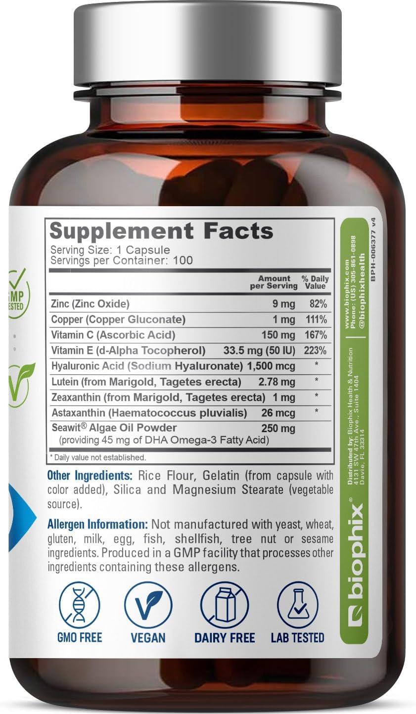 100 Capsules of biophix Maximum Strength Retinal Support Formula with Zinc, Vitamin C, E, Lutein, DHA, Omega-3, Astaxanthin, and Hyaluronic Acid for Eye Vision Health Support