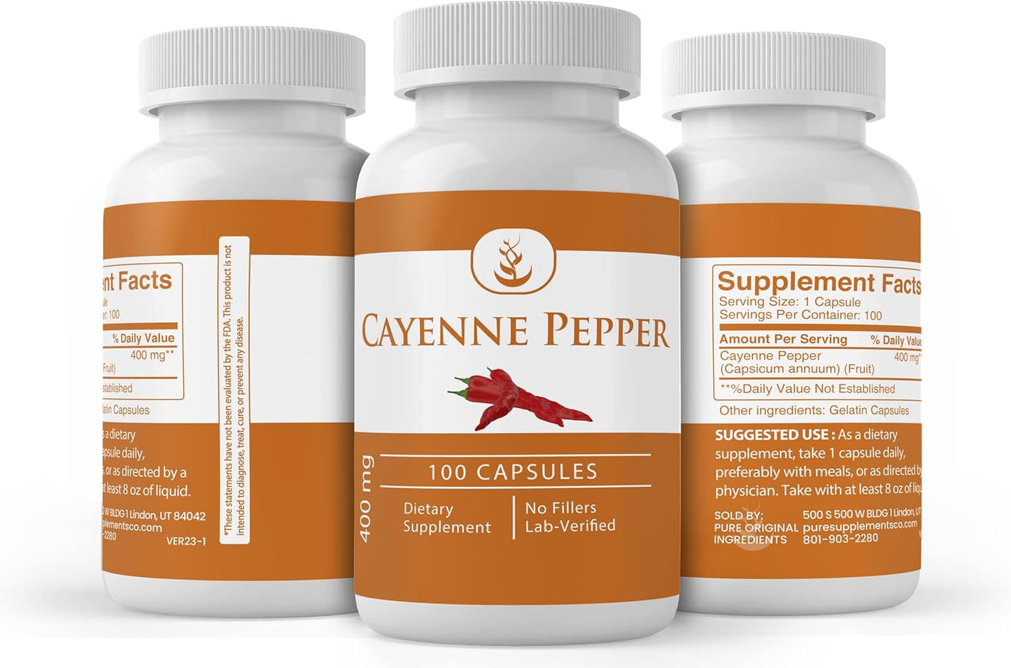 100 Capsules of Cayenne Pepper with Pure Original Ingredients, Always Additive-Free and Lab Verified
