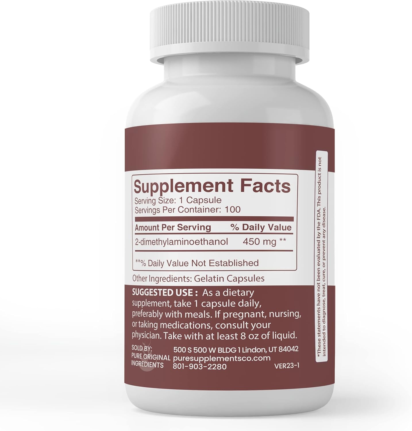 100 Capsules of DMAE Bitartrate with Pure Original Ingredients - Lab Verified, No Additives or Fillers