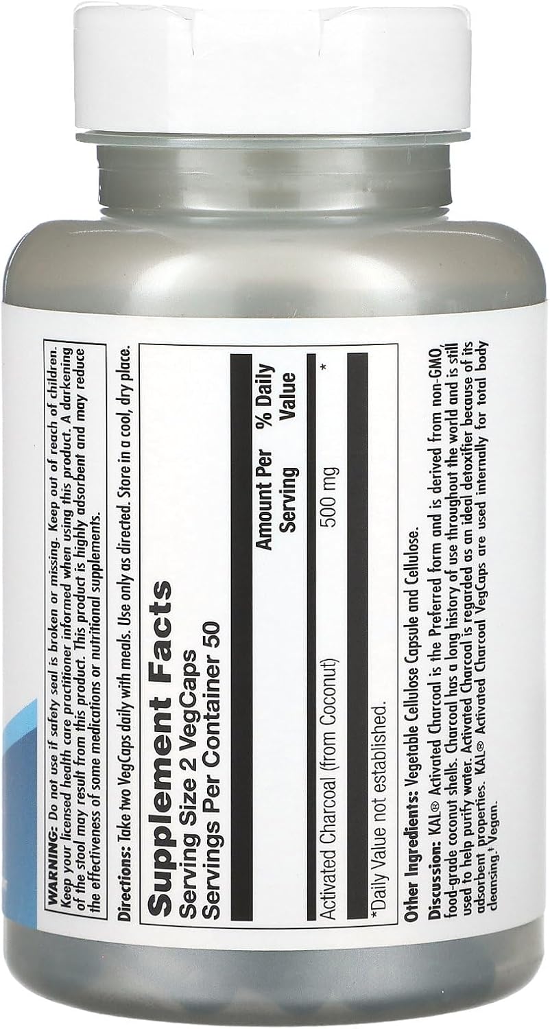 100 Capsules of KAL Charcoal Supplement with 280 mg Strength for Digestive Health