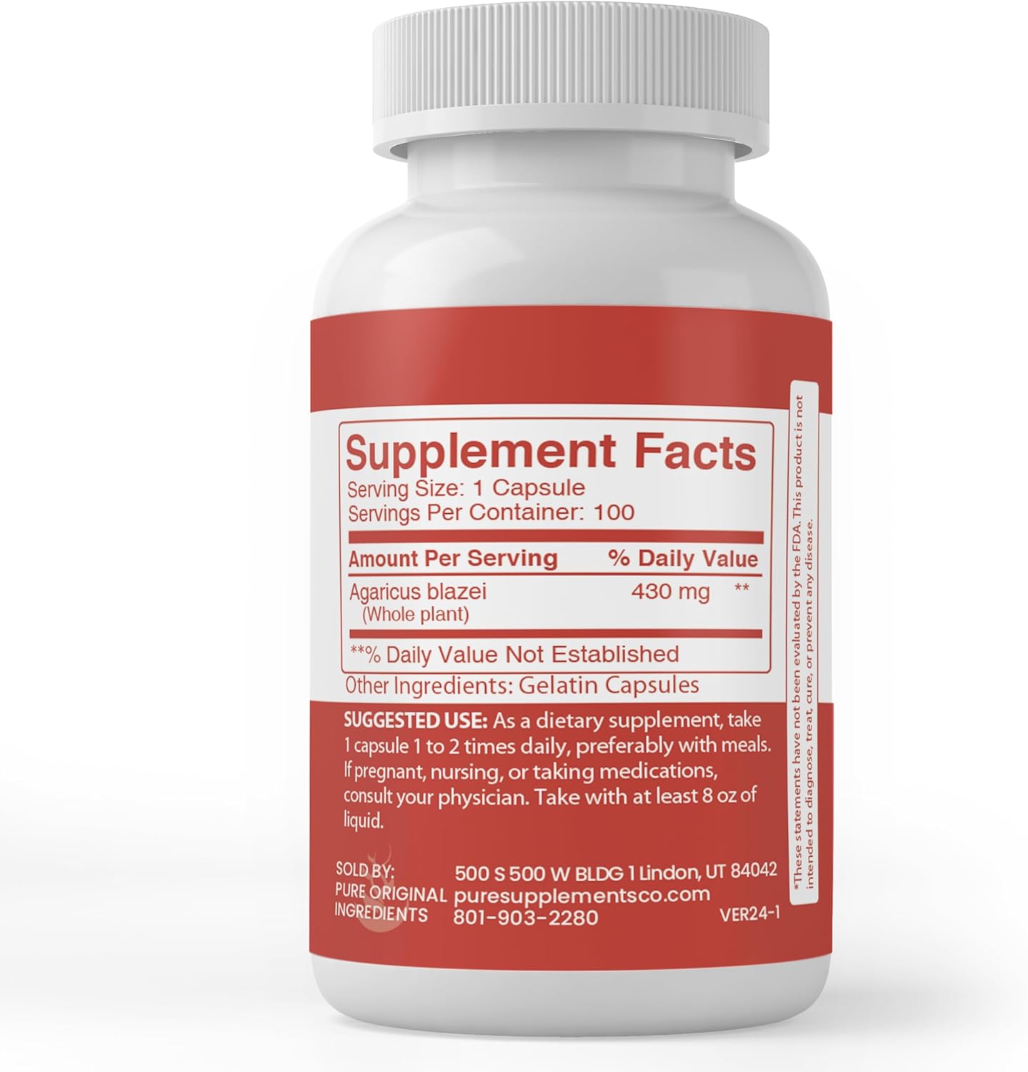 100 Capsules of Lab Verified Agaricus with Pure Original Ingredients - No Additives or Fillers