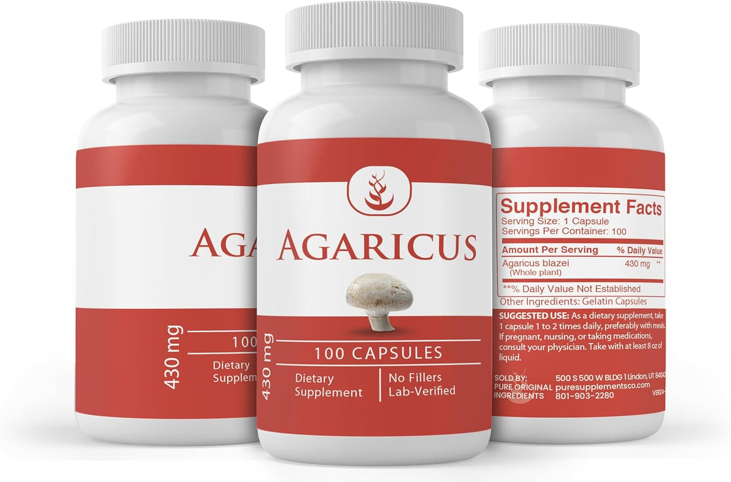 100 Capsules of Lab Verified Agaricus with Pure Original Ingredients - No Additives or Fillers