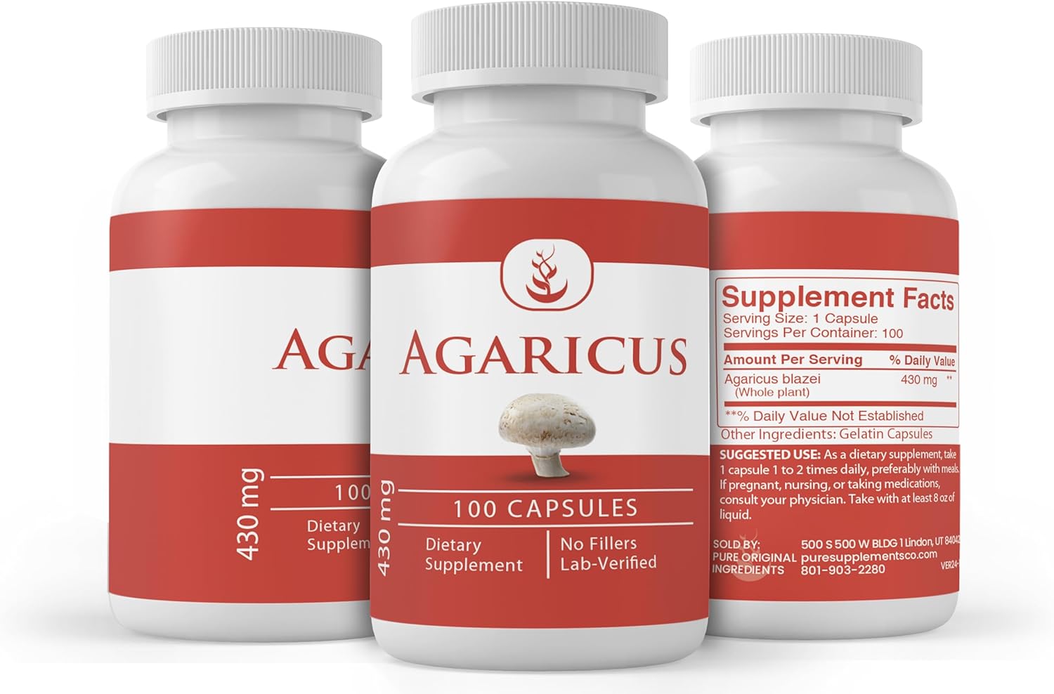 100 Capsules of Lab Verified Agaricus with Pure Original Ingredients - No Additives or Fillers