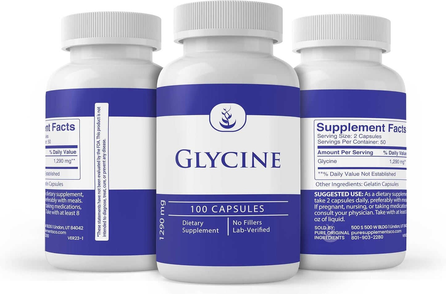 100 Capsules of Lab Verified Glycine: Pure Original Ingredients, No Additives or Fillers