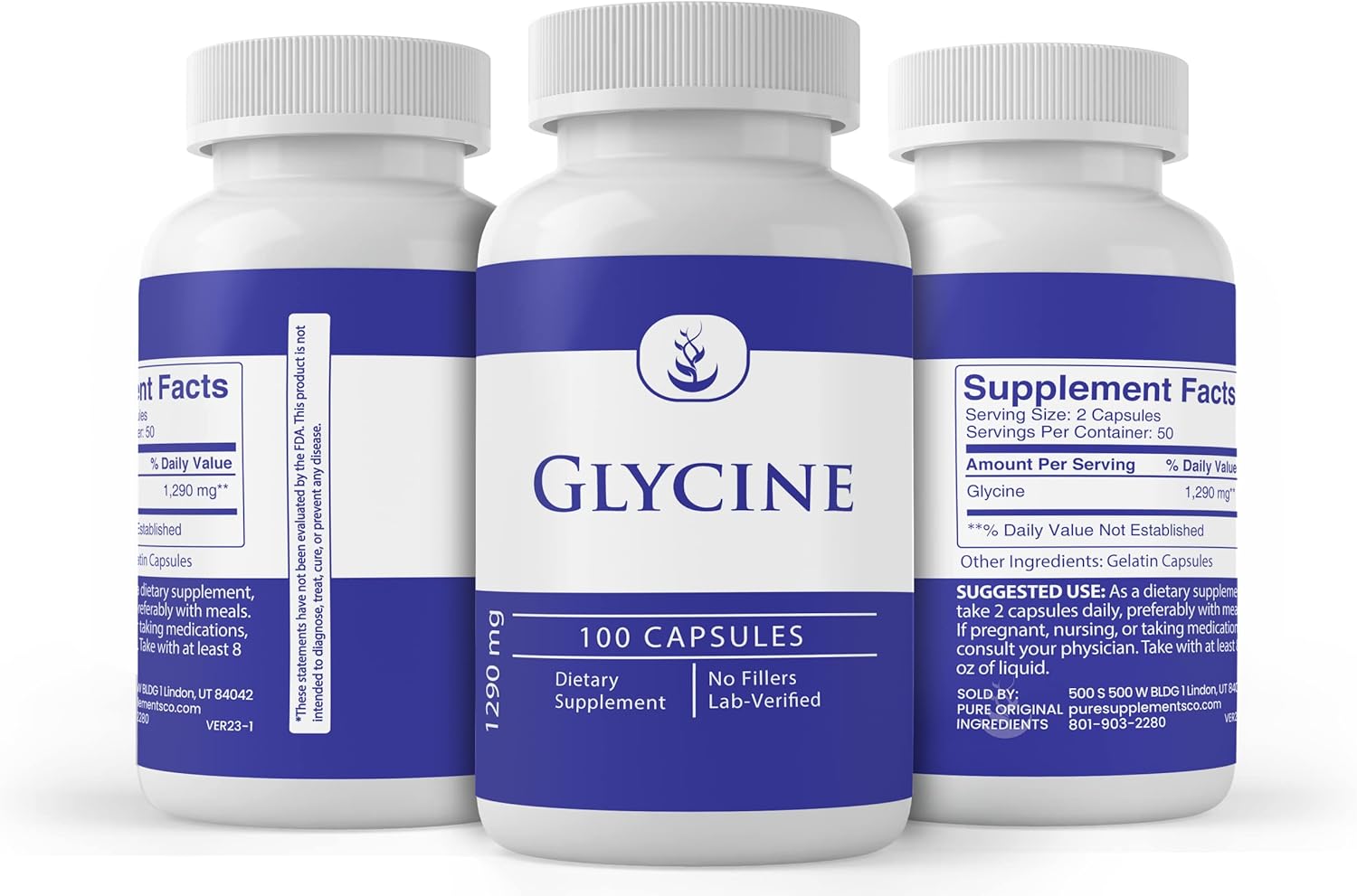 100 Capsules of Lab Verified Glycine: Pure Original Ingredients, No Additives or Fillers