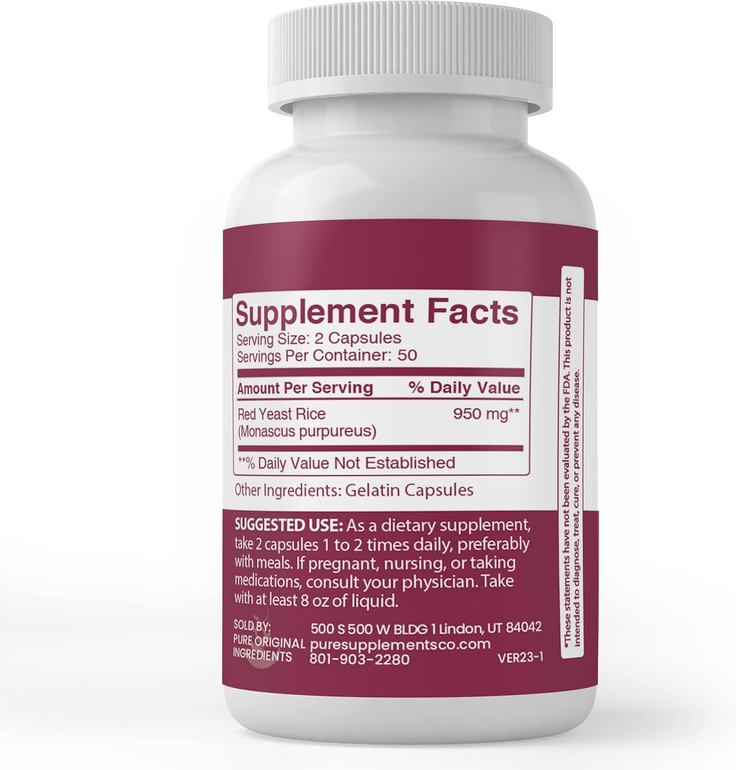 100 Capsules of Lab Verified Red Yeast Rice Extract - Pure Original Ingredients, No Additives or Fillers Included