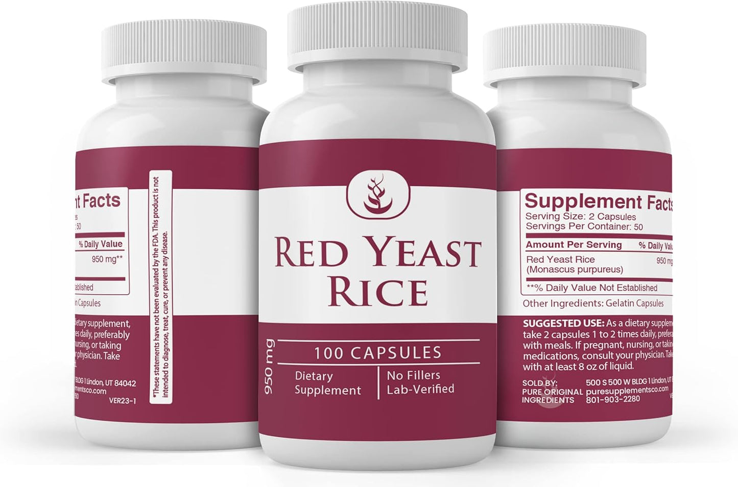 100 Capsules of Lab Verified Red Yeast Rice Extract - Pure Original Ingredients, No Additives or Fillers Included