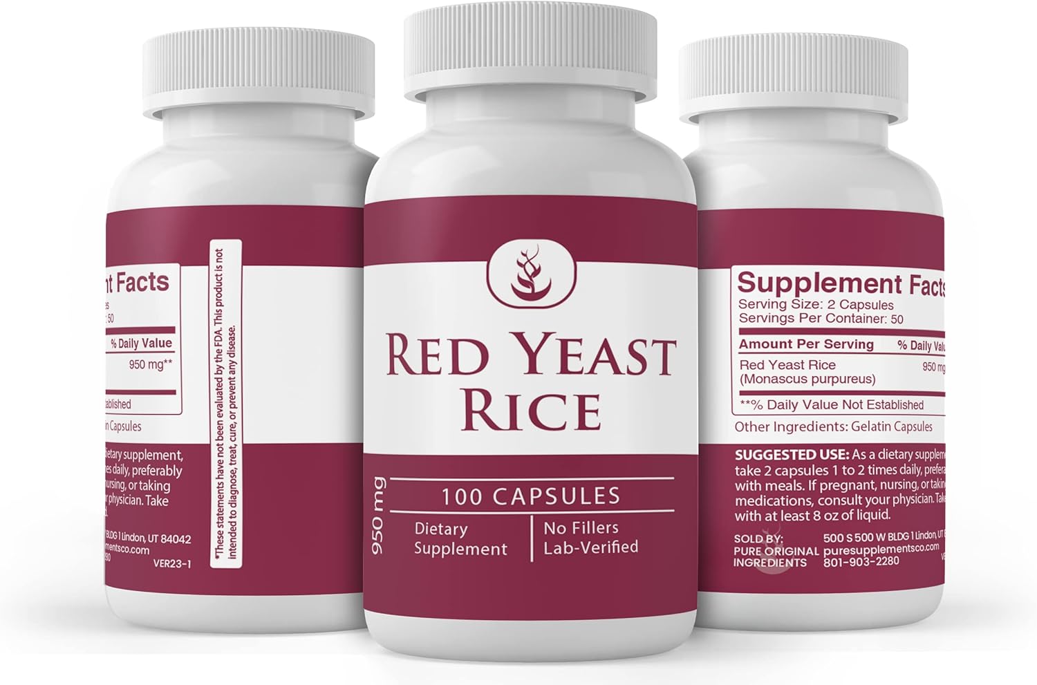 100 Capsules of Lab Verified Red Yeast Rice Extract - Pure Original Ingredients, No Additives or Fillers Included