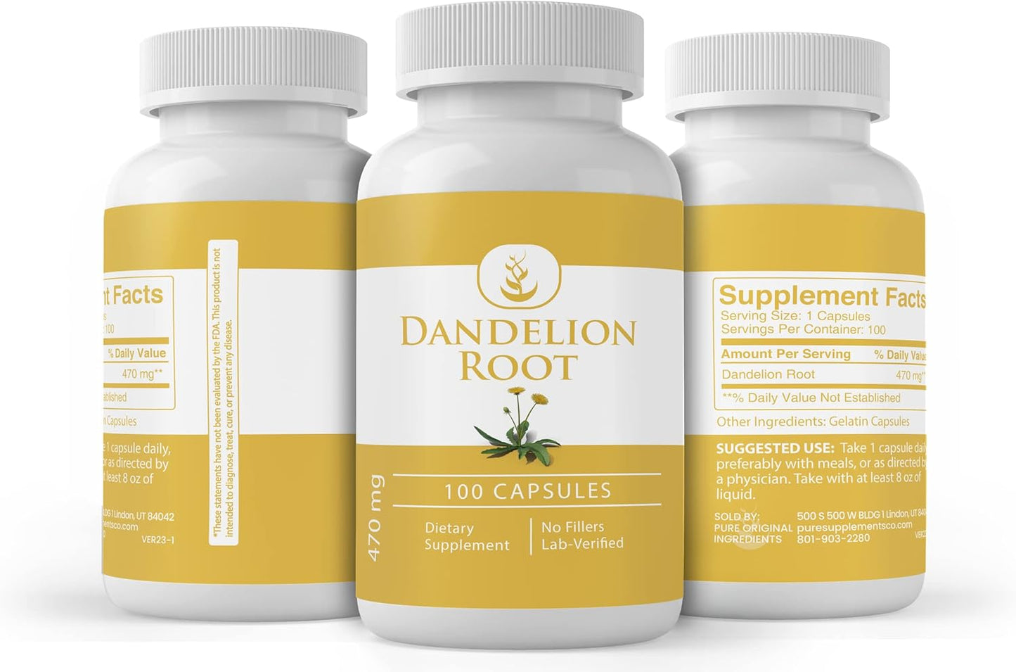 100 Capsules of Pure Dandelion Root with Original Ingredients - No Additives or Fillers, Lab Verified Quality