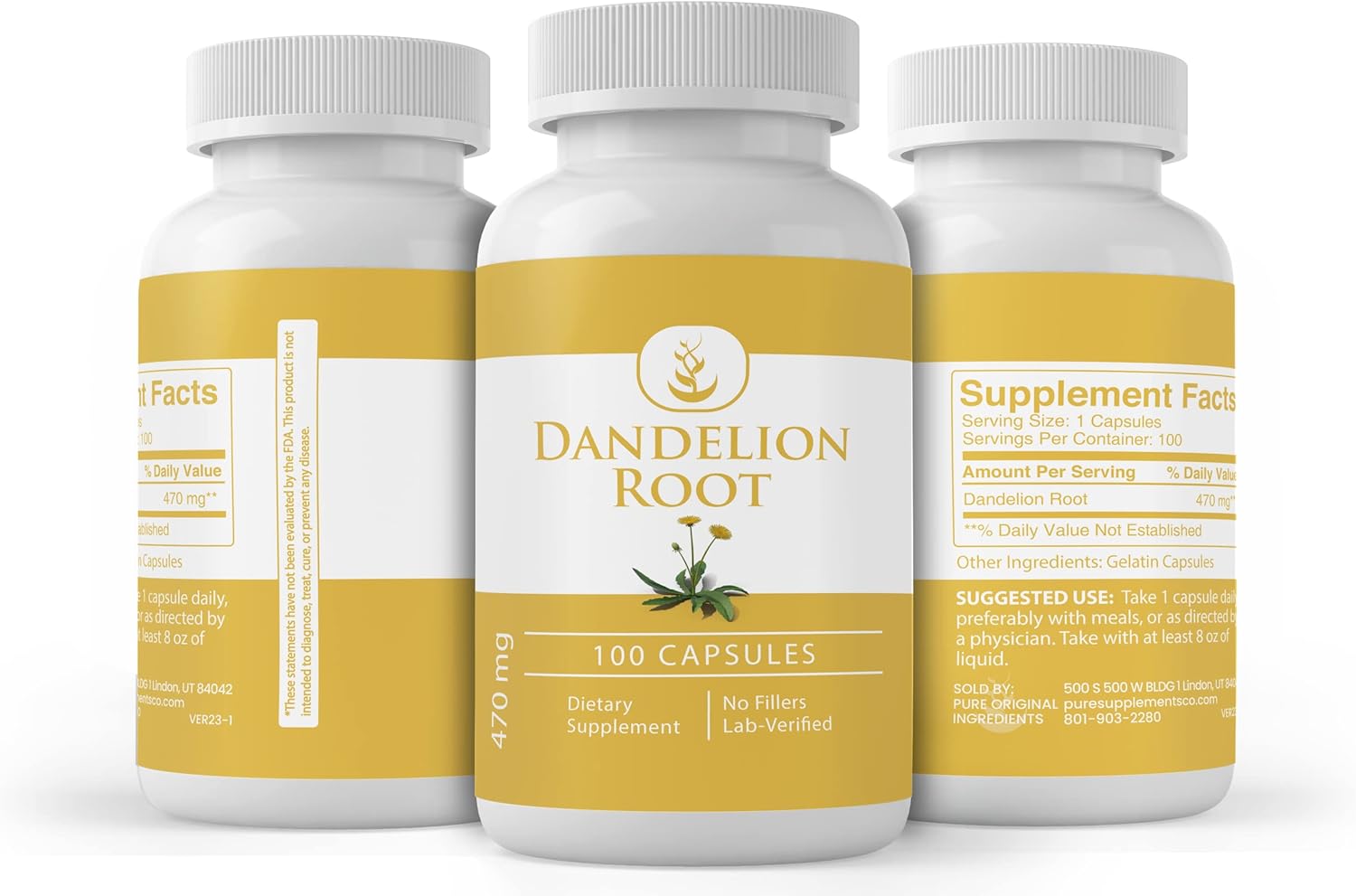 100 Capsules of Pure Dandelion Root with Original Ingredients - No Additives or Fillers, Lab Verified Quality